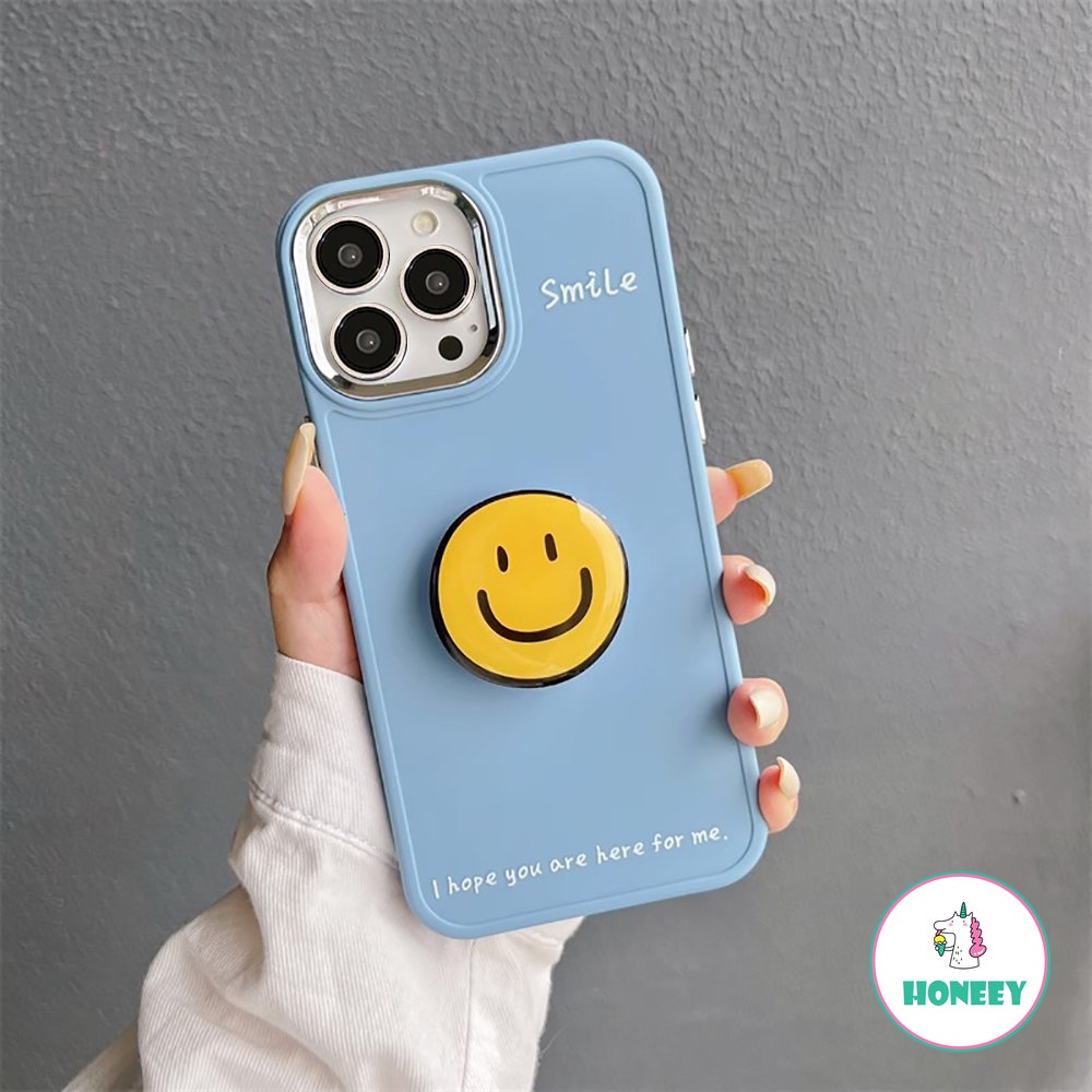 IPHONE Casing Ponsel Stand Smiley Kuning Sederhana Kompatibel Untuk Iphone14 Pro Max13 12 11Pro Max7 8Plus Xr Xs Lembut TPU Shockproof Handphone Cover