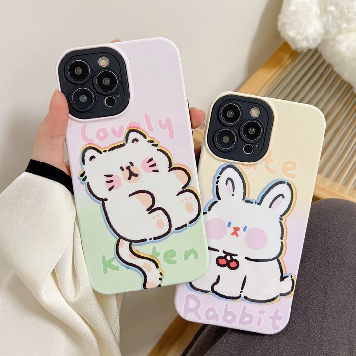 Lovely Kitty Bunny Hard Plastic Case HP iP iPhone 12 13 14 Pro Max 11 2in1 FTD Casing Apple