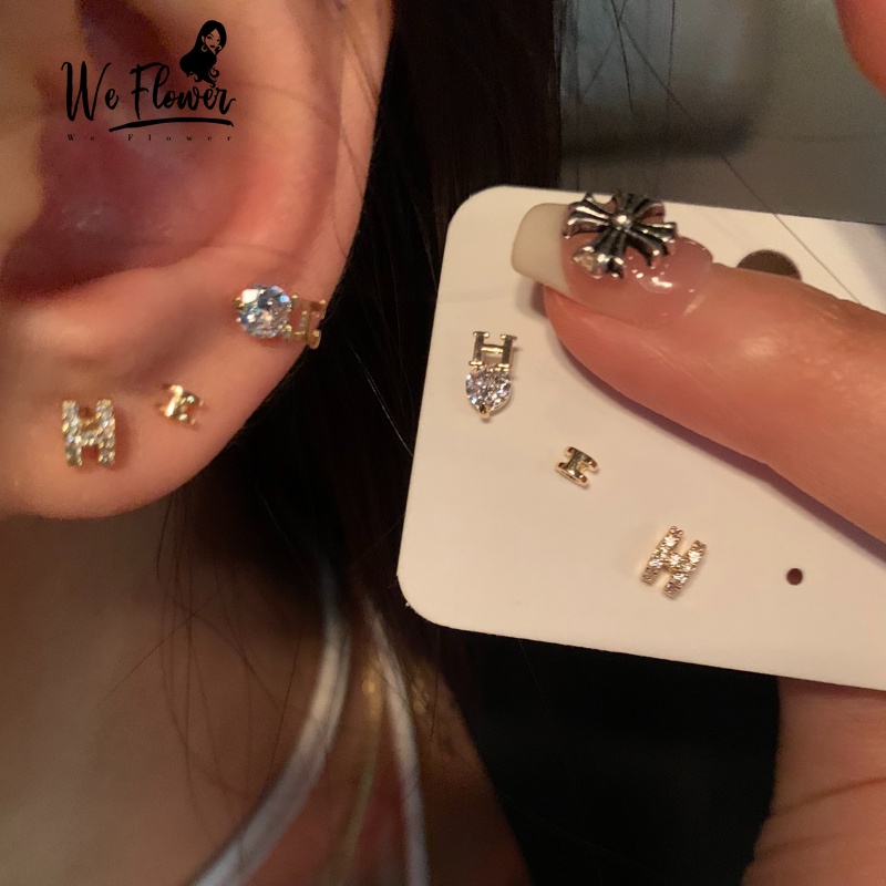 We Flower 6 Pcs Halus 14 K Emas Zirkon Berkilau Huruf H Stud Anting Untuk Wanita Korea Lucu Telinga Kecil Set Perhiasan