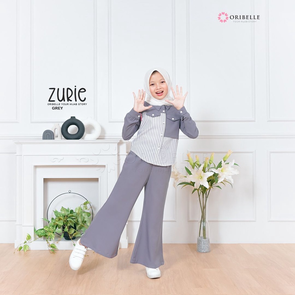 Zurie Set Anak Perempuan Matt Cringkle Airflow Mix Katun Salur Polos Basic Premium l Setelan Celana Muslim