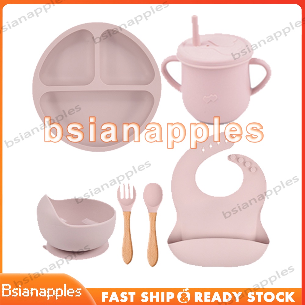 6 pcs Peralatan Makan Bayi Silikon Alat pemberian makanan tambahan untuk anak-anak Peralatan makan silikon peralatan makan mpasi BPA Free Waterproof Mangkok Piring Sendok Garpu Bib Cup Silikon Non Slip