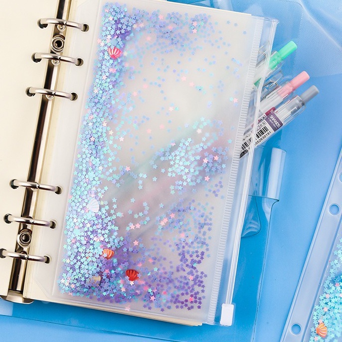 

Sequin Zipper Binder A5 A6 6 Holes Separator Glittery / Pocket Cash Budget Folder Planner Pouch, Warna Pink 3