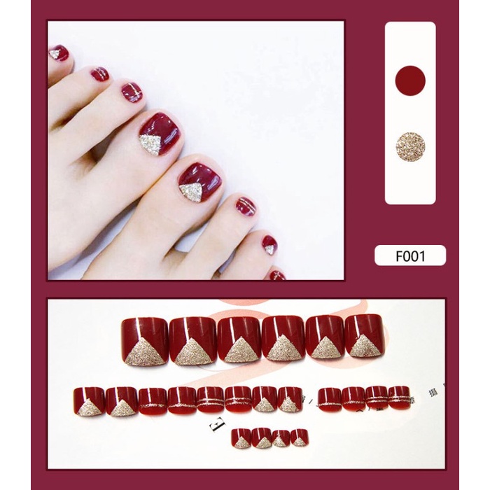 F-001-TOE Maroon Gold Glitter Triangle Toe Fake Nails Kuku Palsu Kaki