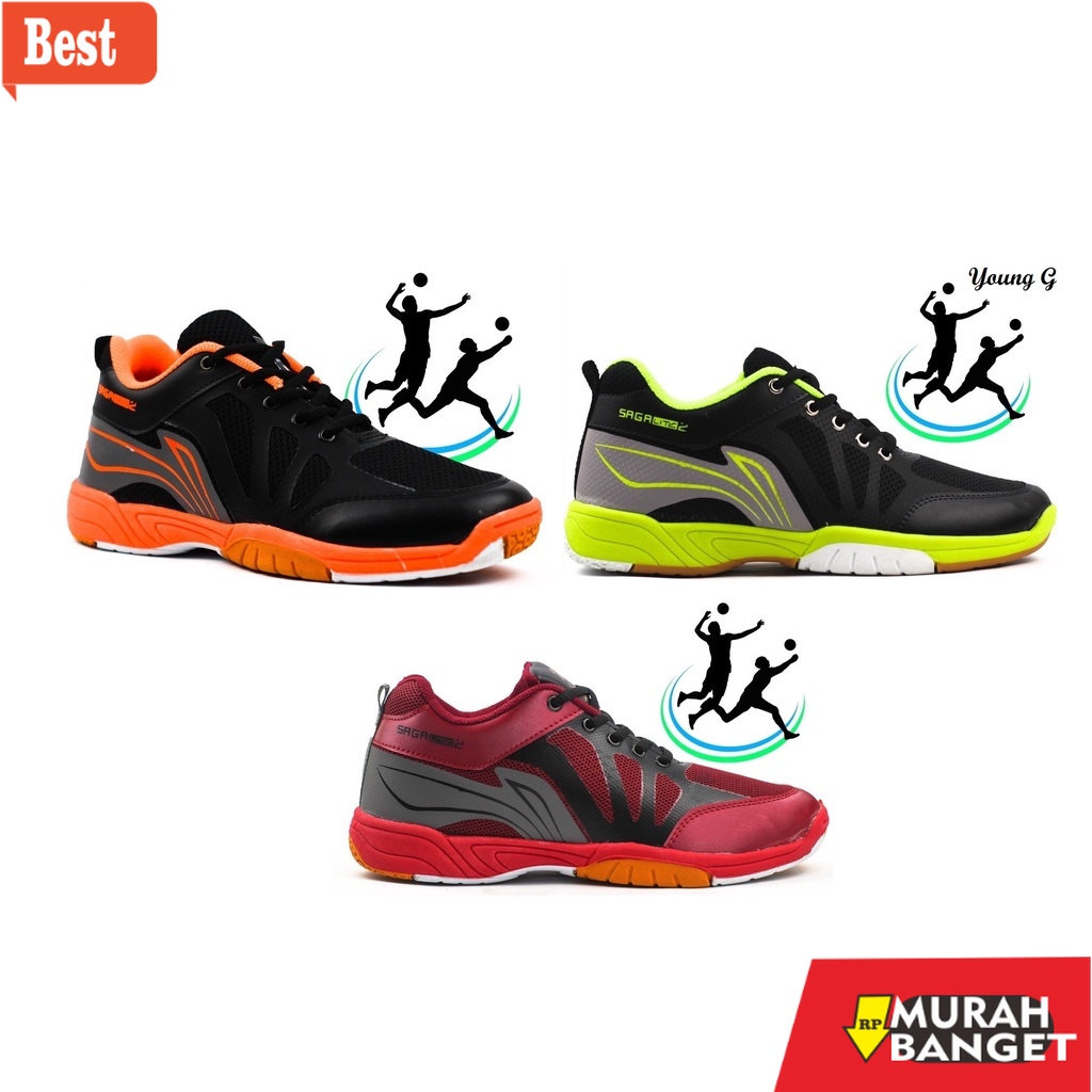 Sepatu bulu tangkis terbaru- Sepatu Pria Badminton Lining Saga Merah Orange Hitam Hijau Li Ning