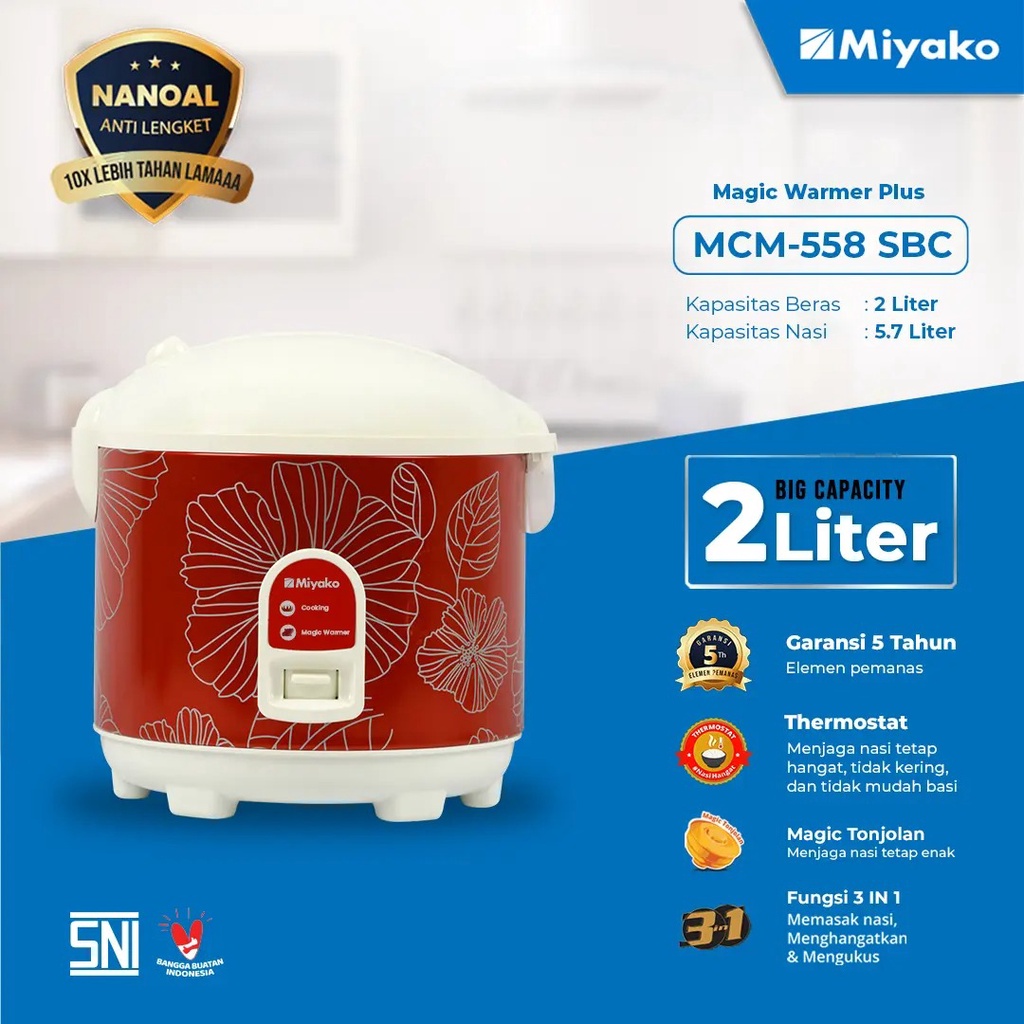 Magic com Miyako MCM558SBC Rice Cooker 3 in 1 Nanoal  - Magic warmer 2 Liter - 395W