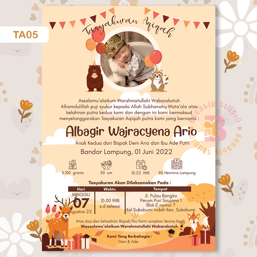 Undangan Aqiqah Digital Tema TA05 Beruang Coklat Animal Softfile | BeeableStudio