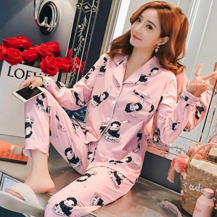 JC1004-1 Modern Set Panjang Piyama Kerah Motif Kotak Wanita Baju Tidur - Pinkrabbit, Standard (L)