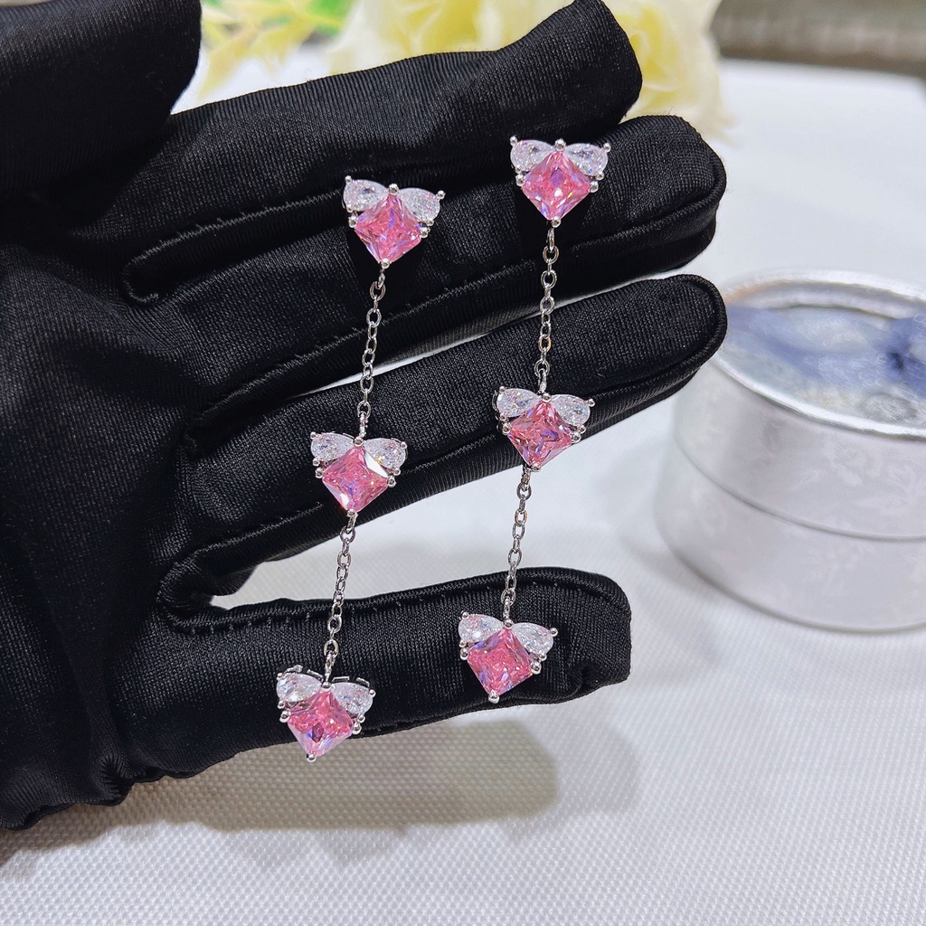 Goldkingdom Fashion Perhiasan Aksesoris Ready Stock Cahaya Mewah Putri Merah Muda Berlian Hati Kalung Wanita Kadar Tinggi Cinta Panjang Rumbai Telinga Stud Set