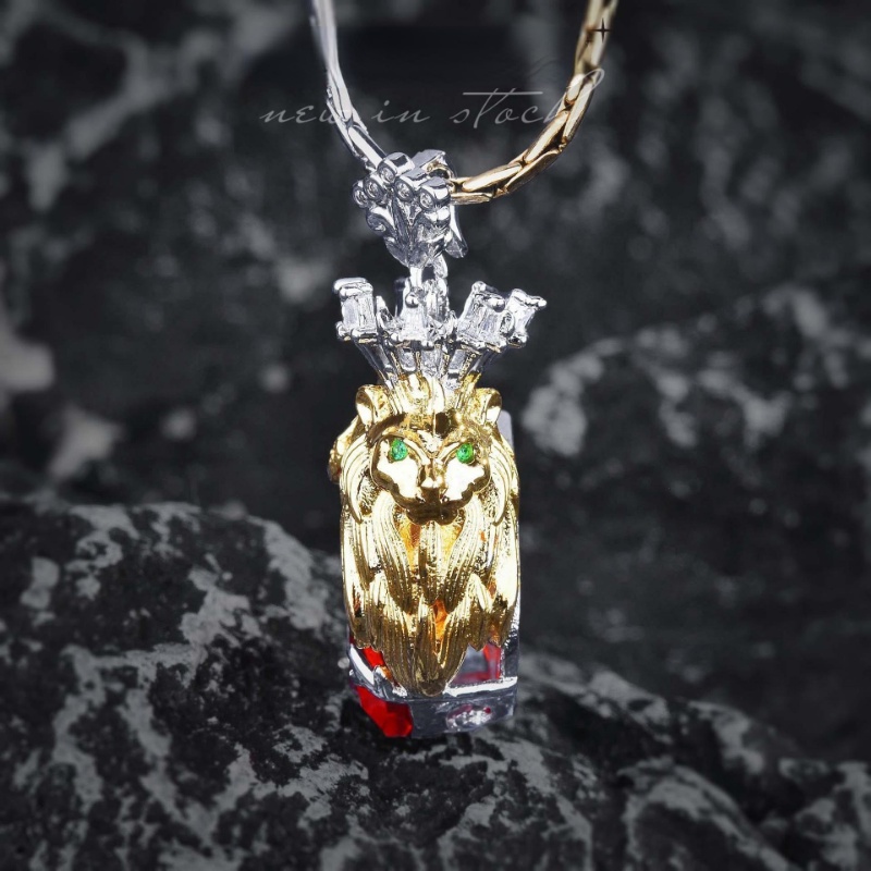 Goldkingdom Fashion Perhiasan Aksesoris Ready Stock Itali Bicolor Kerajinan Emas Lion King Mahkota Set Dove Blood Ruby Liontin Berlian Merah Anting Terbuka Cincin