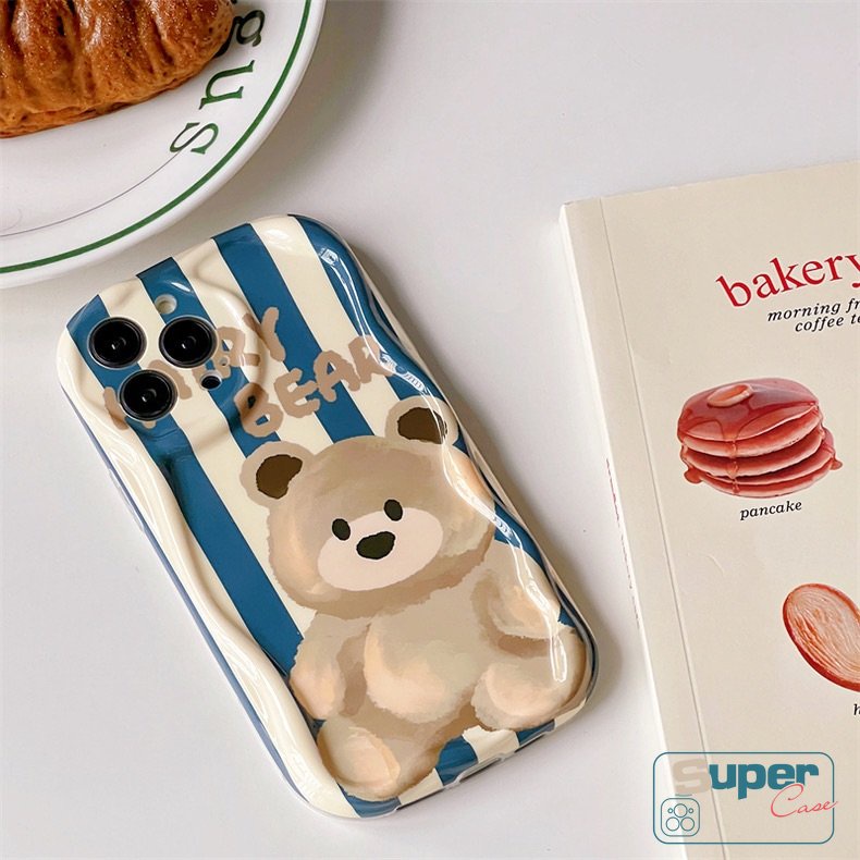 Case Glossy Garis Beruang Kartun Lucu Kompatibel Untuk iPhone 7Plus 11 Pro Max XR X 6s 7 6 8 Plus 13 14 12 Pro Max XS Max SE 2020 3D Wavy Curved Edge Soft Tpu Shockproof Cover