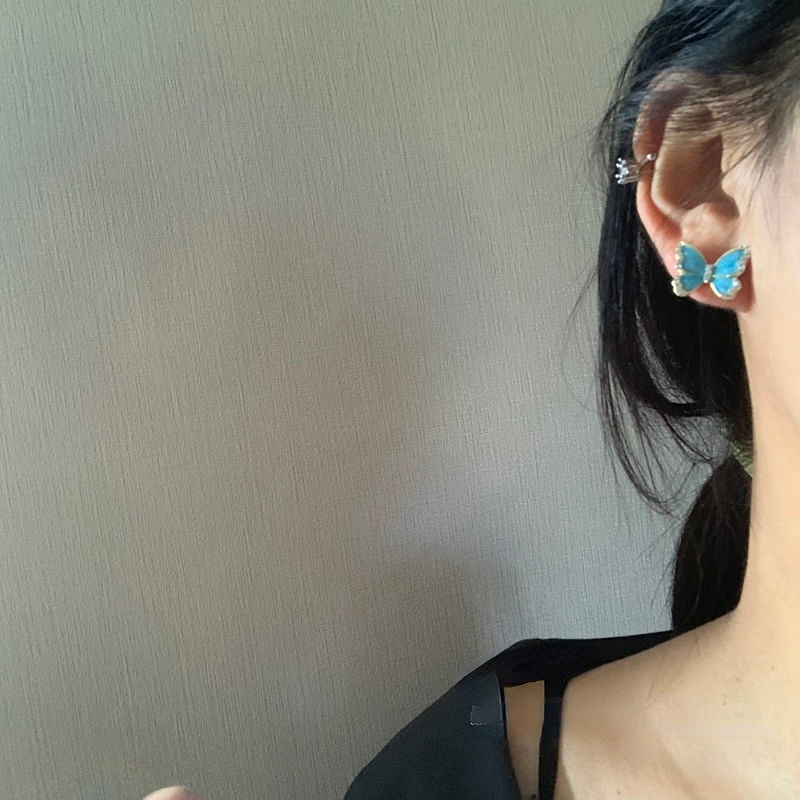 Anting Stud Telinga Kupu-Kupu Biru Bling Berkilau Aksesori Fashion Jewelrey Untuk Anak Perempuan