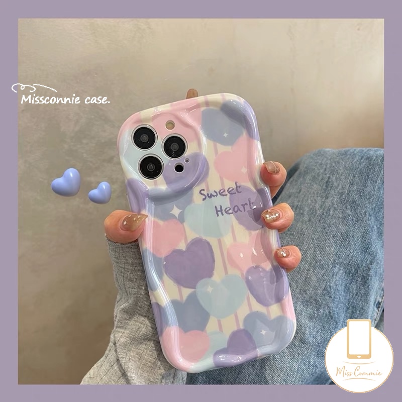 IPHONE 3d Wavy Curved Edge Airbag Glossy Case Kompatibel Untuk Iphone7 8 6s 6 Plus XR 11 13 12 14 Pro Max 7plus X XS Max SE 2020 Ins Lukisan Cat Minyak Cinta Hati Shockproof Tpu Soft Cover