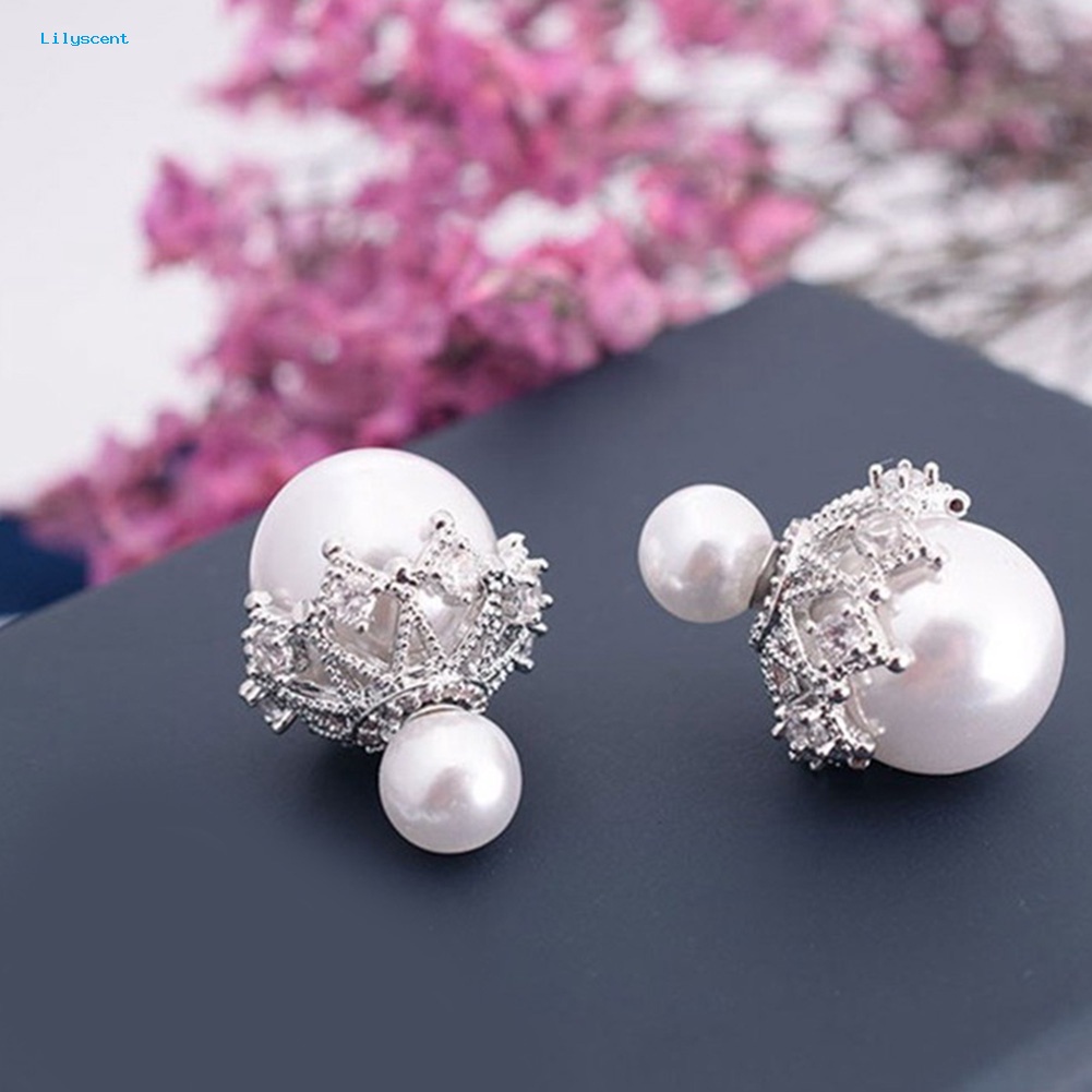 Lilyscent Wanita Dua Sisi Mutiara Imitasi Berongga Bunga Ear Stud Earrings Perhiasan Hadiah