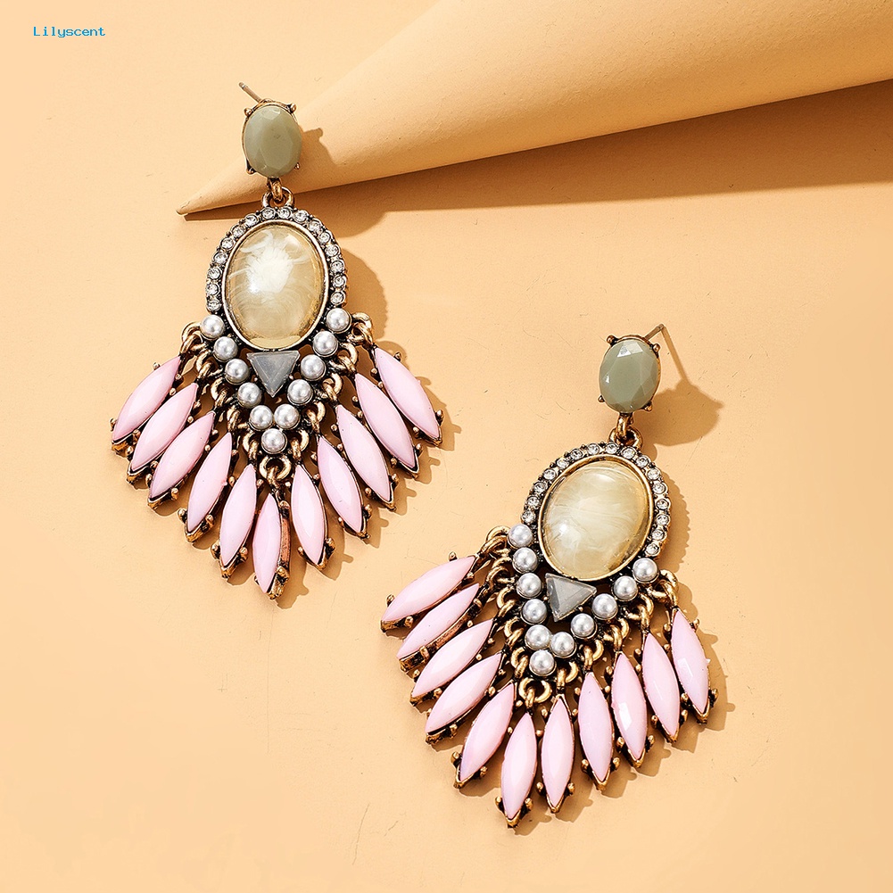 Lilyscent Baroque Wanita Berlian Imitasi Hias Geometris Menjuntai Telinga Stud Anting Perhiasan Pesta