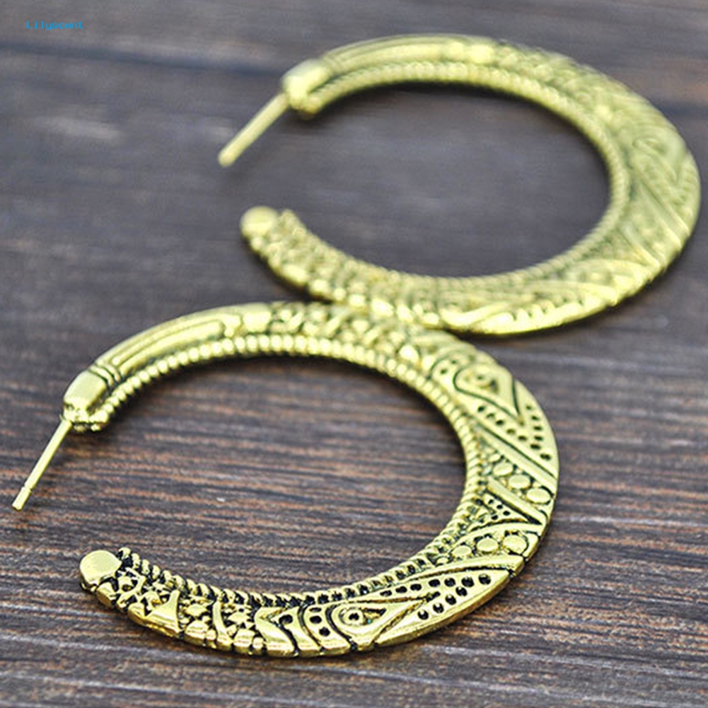 Lilyscent Vintage Lingkaran Besar Tibet Ukiran Hoop Anting Wanita Pernyataan Perhiasan Hadiah