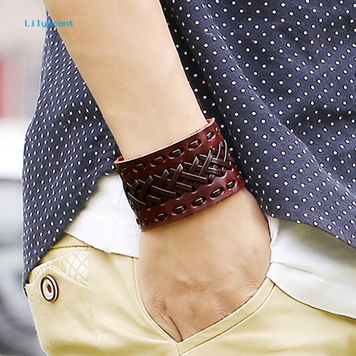 Lilyscent Pria Wanita Punk Kepang Faux Kulit Lebar Manset Gelang Kancing Gelang Bangle