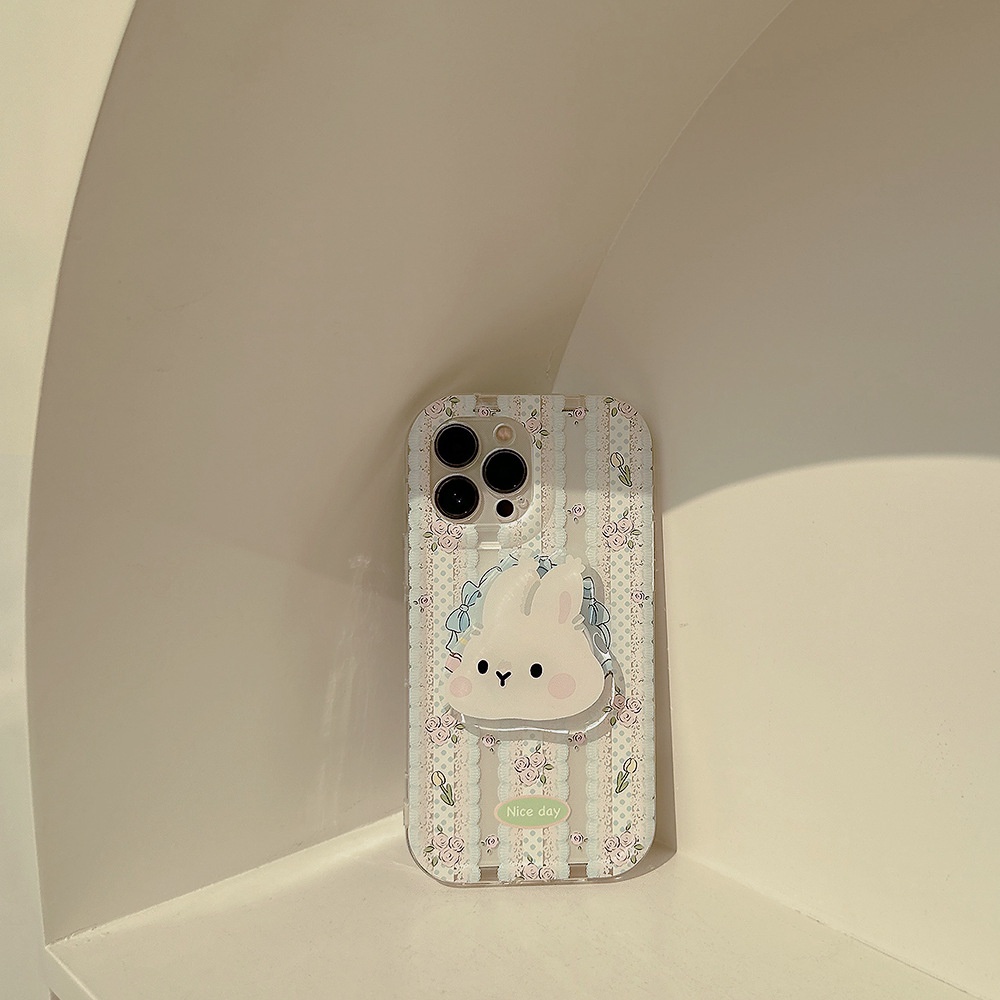IPHONE Ins Lucu Renda Kelinci Kartun Dengan Rabbit Holder Silicone Case Untuk Iphone14 11 12 13 PRO MAX Casing Cover Pelindung AT0109