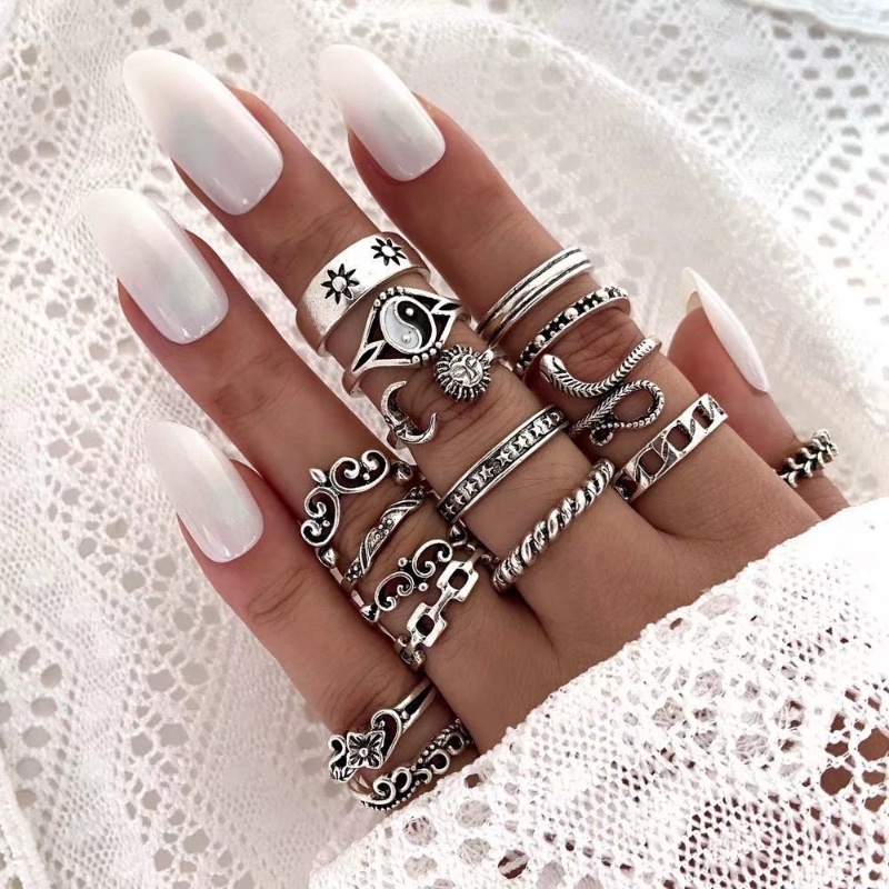 [Unggulan] Geometris Berlubang-out Wanita Set circlet Retro 16-piece ring Set Jari Cincin Kepribadian Retro Trend Hoop Set Knuckle Stacking Rings Untuk Wanita