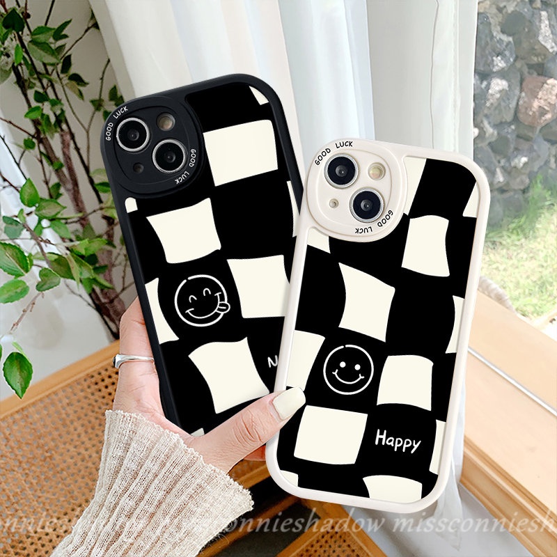 Casing Realme C53 C21Y C30 C25s C15 C55 10 C12 10 Pro Plus 5i 7i 6i 6s 6 8i 8Pro C11 C25Y C31 C35 5 9i 8 C21 GT C17 C2 C3 C20 C17 Simple Kotak-Kotak Pasangan Happy Smile TPU Sarung