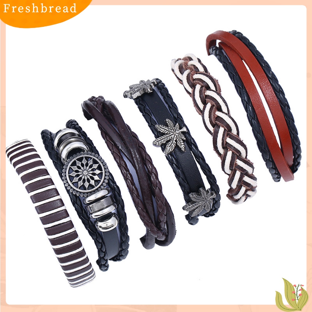 &lt; Freshbread &gt; 6Pcs Retro Pria Kulit Imitasi Hip Pop Punk Tengkorak Daun Kepang Gelang Pergelangan Tangan Perhiasan