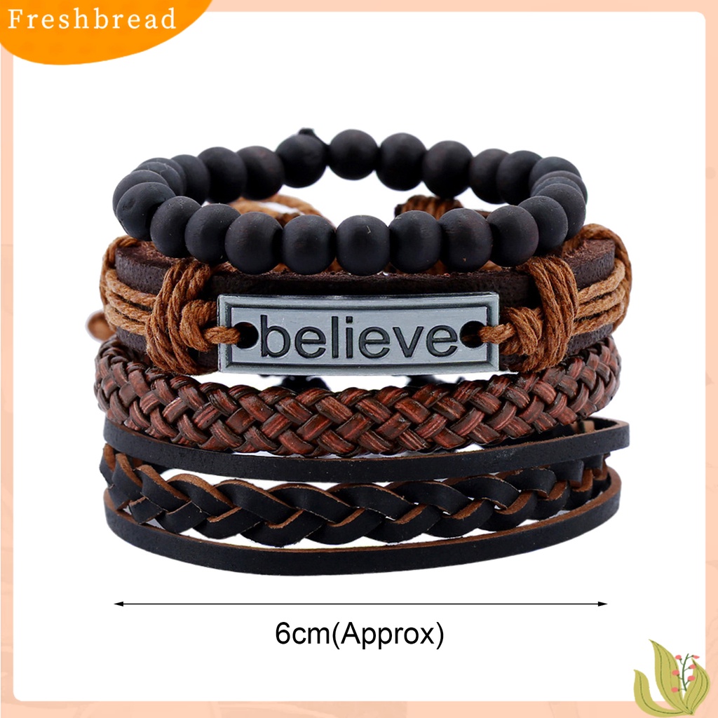 &lt; Freshbread &gt; 4Pcs/Set Pria Fashion Adjustable Kulit Imitasi Tali Dikepang Percaya Huruf Gelang Manik-Manik