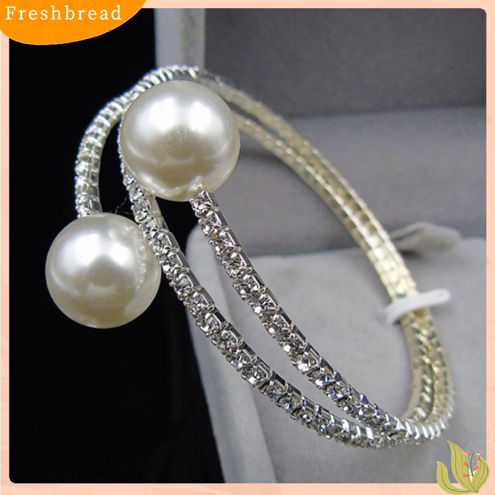 &lt; Freshbread &gt; Wanita Penuh Berlian Imitasi Multi-layer Gelang Pergelangan Tangan Mutiara Imitasi Cuff Open Bangle