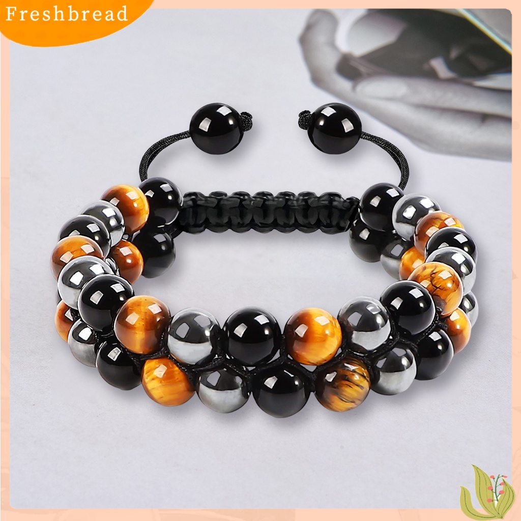 &lt; Freshbread &gt; Gelang Pria Dikepang Tali ic Double Layer Adjustable Serut Kepribadian Hias Tiger Eye Faux Rock Stone Pria Gelang Perhiasan Aksesori