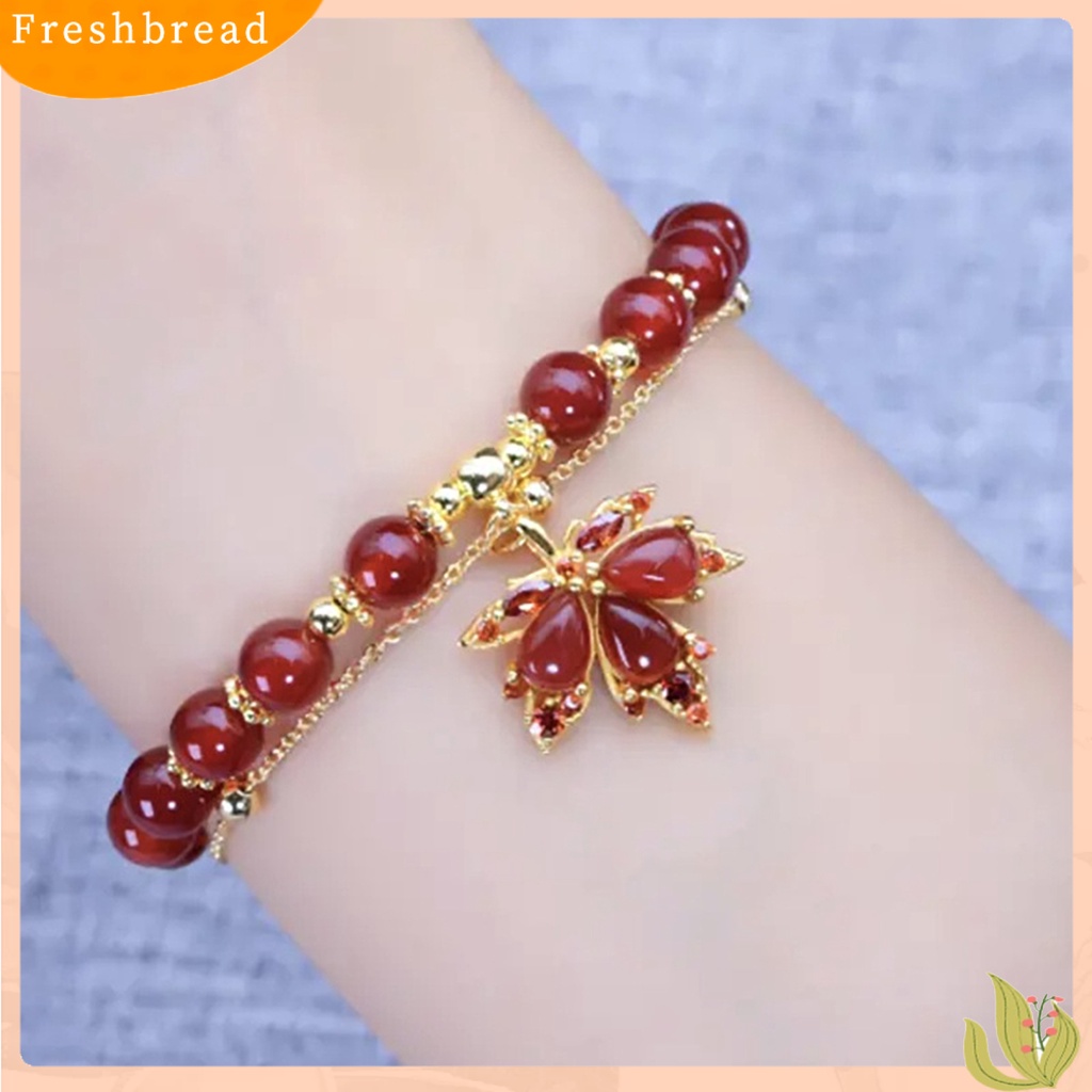 &lt; Freshbread &gt; Rantai Dipanjangkan Dapat Disesuaikan Lapisan Ganda Wanita Gelang Manik-Manik Permata Imitasi Maple Liontin Mewah Gelang Perhiasan Aksesoris