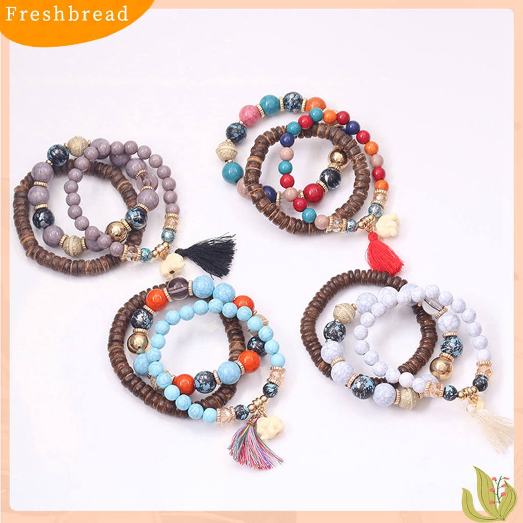 &lt; Freshbread &gt; 3Pcs Manik-Manik Kayu Rumbai Kombinasi Resin Gelang Hadiah Perhiasan Aksesoris