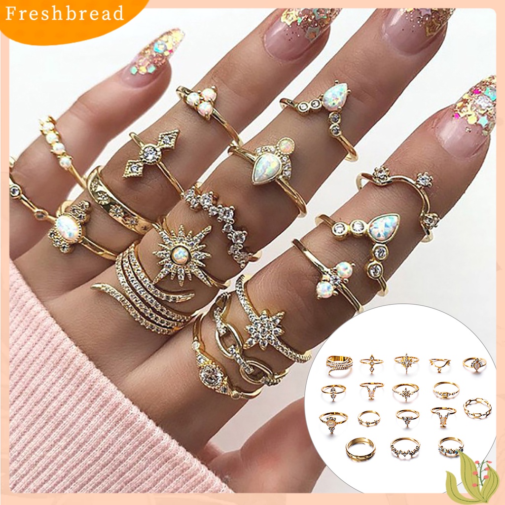 &lt; Freshbread &gt; 17 Pcs Cincin Buku Jari Stackable Ukir Unik Alloy Boho Gaya Etnik Faux Permata Jari Rings Perhiasan Aksesori