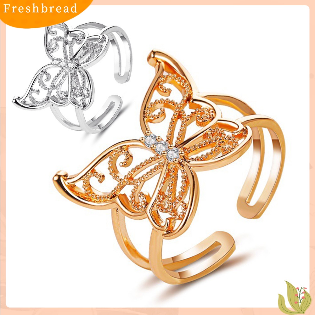< Freshbread > Fashion Wanita Berongga Kupu-Kupu Berlian Imitasi Pembukaan Lebar Jari Cincin Perhiasan Pesta