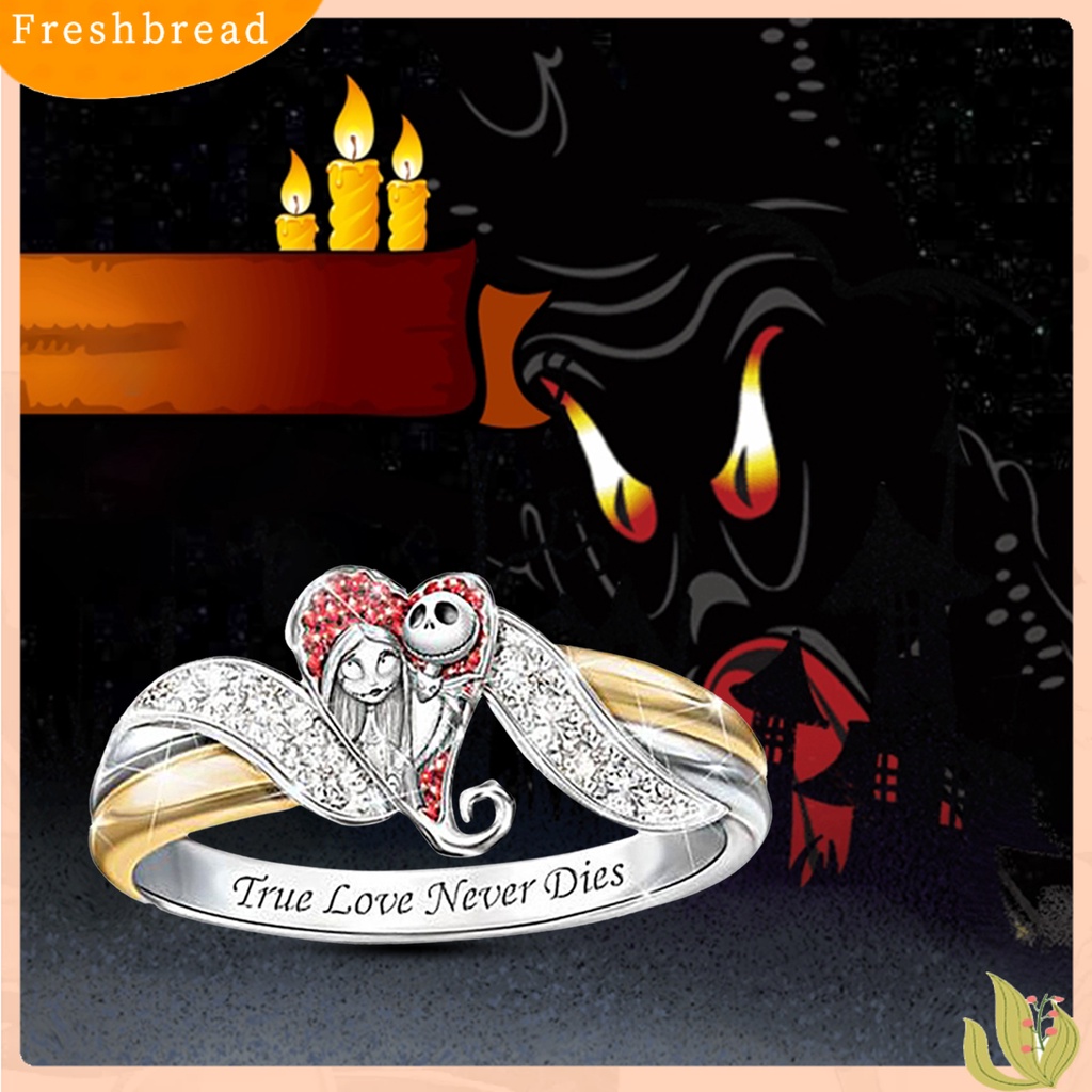 &lt; Freshbread &gt; Ganda Warna Bentuk Hati Wanita Cincin Paduan Pola Hantu Huruf Cetak Berlian Imitasi Halloween Cincin Perhiasan Aksesori