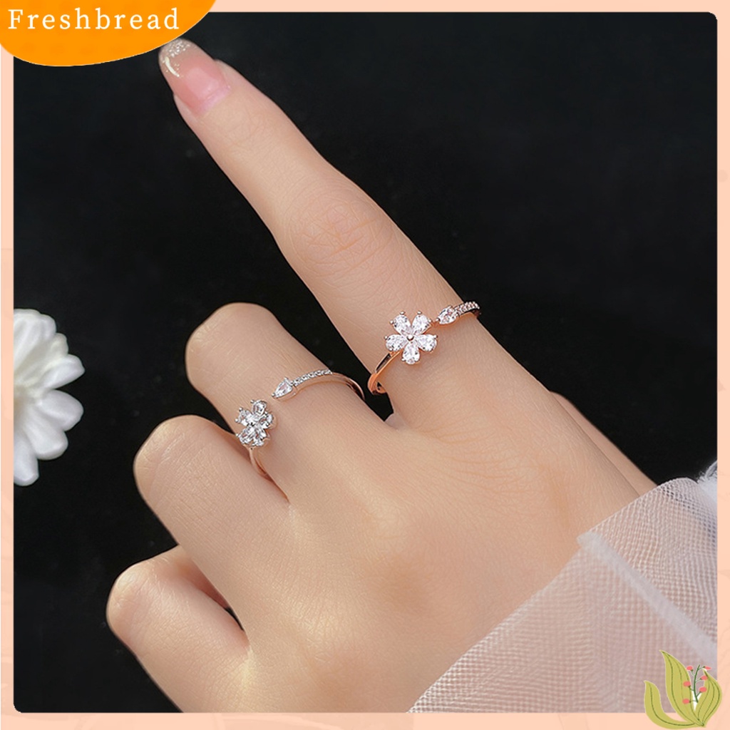 &lt; Freshbread &gt; Wanita Cincin Pembukaan Manis Mewah Emas Warna Perak Berlian Imitasi Tertanam Lima Kelopak Bunga Jari Cincin Perhiasan Fashion