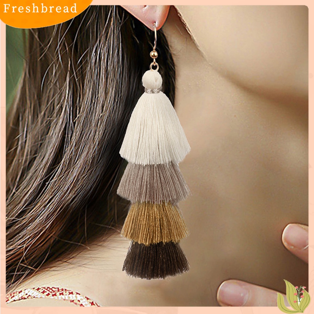 &lt; Freshbread &gt; 1pasang Anting Menarik Gaya Bohemia Ultra Panjang 4lapis Rumbai Fringe Menjuntai Anting Untuk Wanita