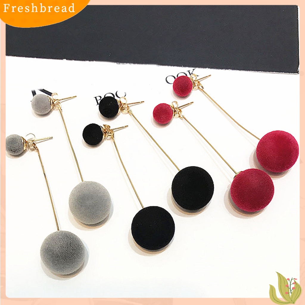 < Freshbread > Rantai Elegan Bola Bulu Panjang Menjuntai Anting Wanita Eardrop Earrings Perhiasan Hadiah