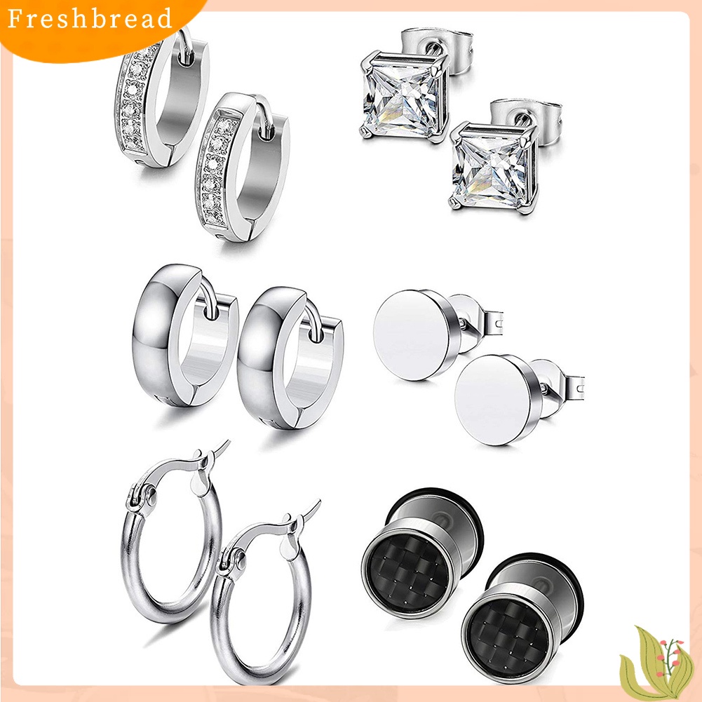 &lt; Freshbread &gt; 6pasang Perhiasan Anting Huggie Stud Hias Berlian Imitasi Stainless Steel Unisex