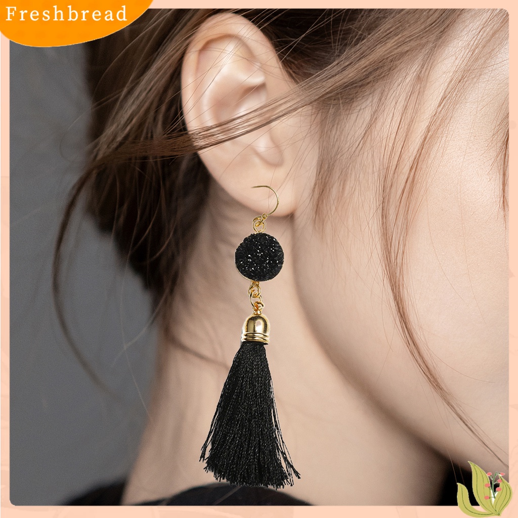 &lt; Freshbread &gt; 1pasang Anting Kait Bohemian Katun Ringan Garis Pinggiran Desain Menjuntai Earrings Aksesoris Telinga