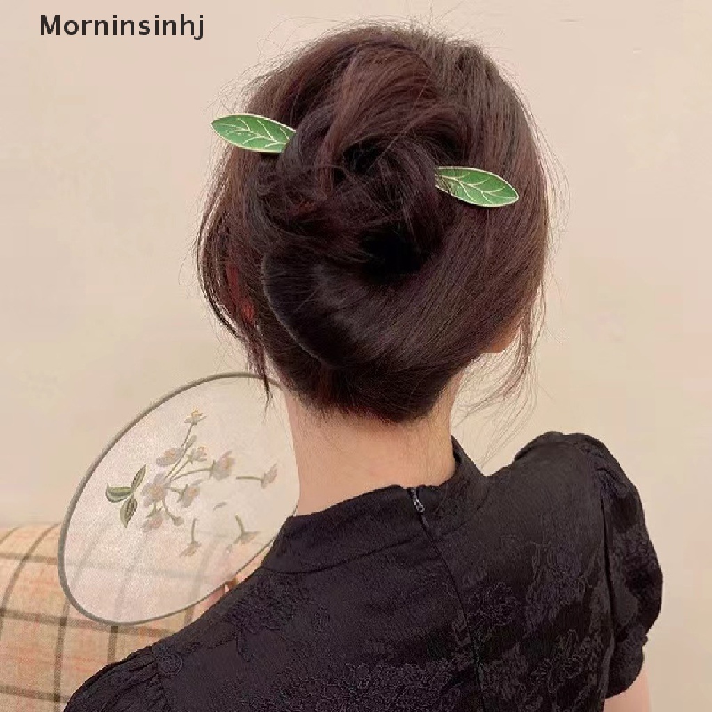 Mornin Jepit Rambut Retro Daun Enamel Hijau Gaya Kuno Minimalis Untuk Wanita id