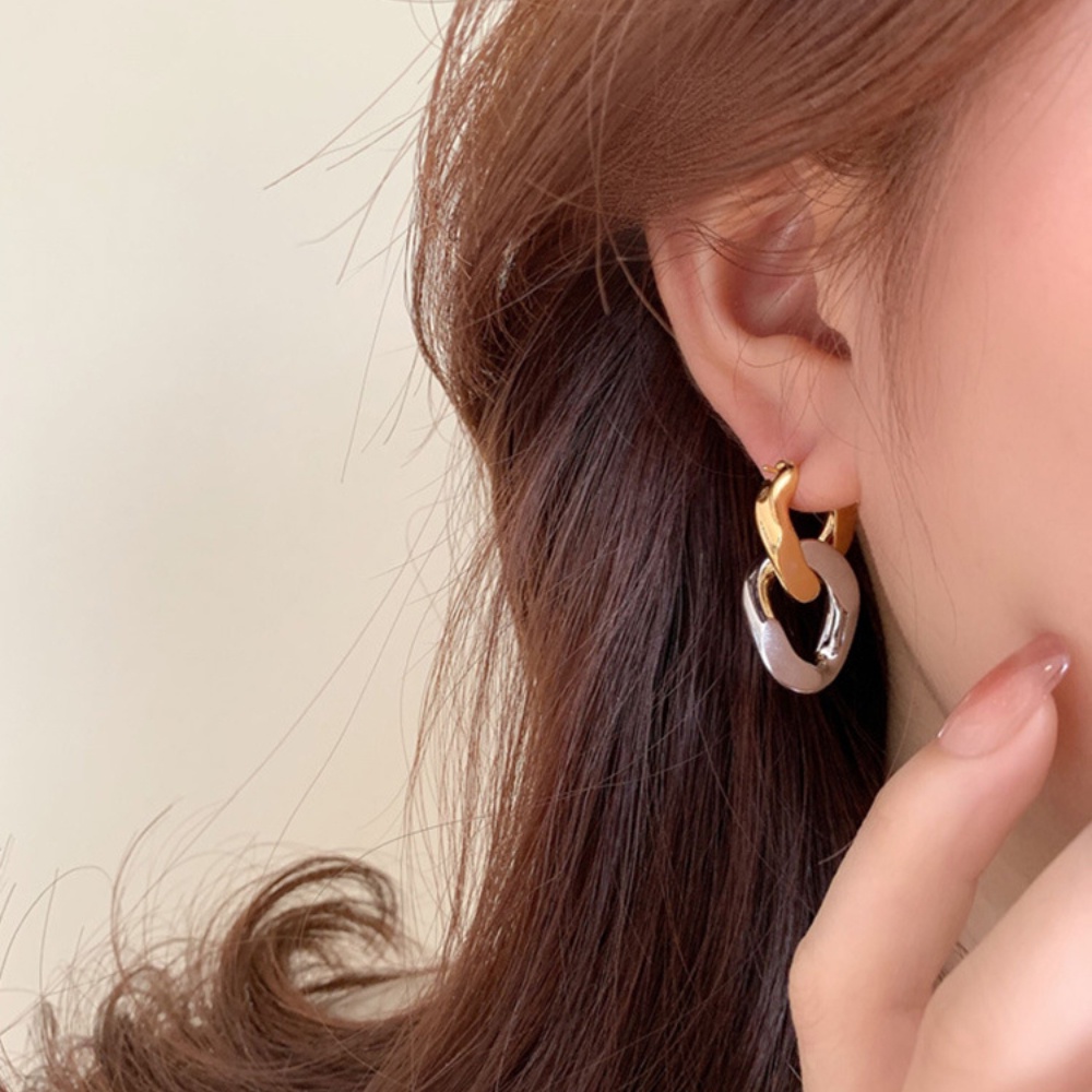 Deartiara Emas Perak Kontras Paduan Rantai Tebal Anting Cincin Ganda Desain Kecil Fashion Gaya Keren Earrings