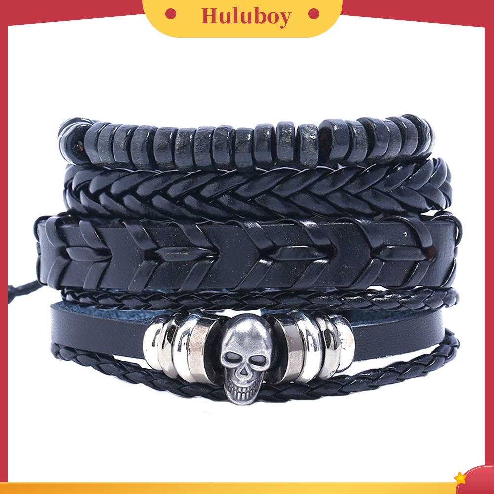 {Ready Stock} 4Pcs/Set Vintage Braided Skull Gelang DIY Pria Club Perhiasan Wristband Charm