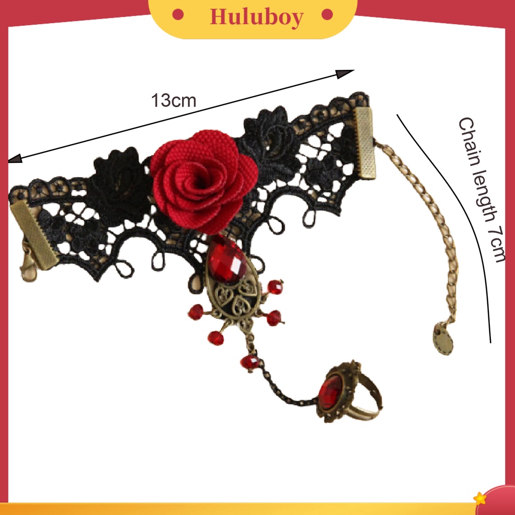 {Ready Stock} Rose Decor Black Lace Ring Gelang Wanita Permata Imitasi Mutiara Imitasi Cincin Tangan Rantai Perhiasan Aksesori