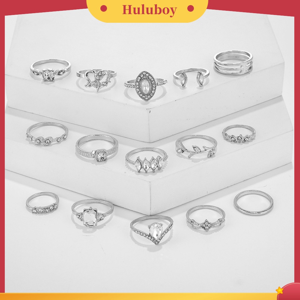 {Ready Stock} 15Pcs/Set Boho Wanita Berlian Imitasi Daun Hati Geometris Jari Cincin Perhiasan Hadiah