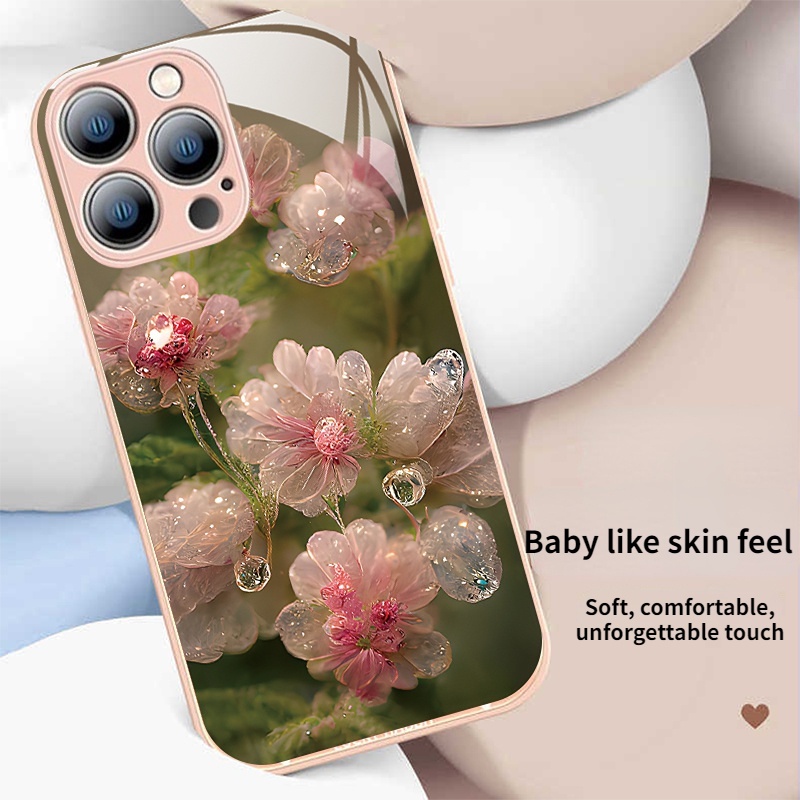 IPHONE Baru Kristal Bunga Metalik Cat Tempered Glass Phone Case Untuk Iphone11 12 13 14 Pro Max X Xs Max Xr Shockproof Case Cover