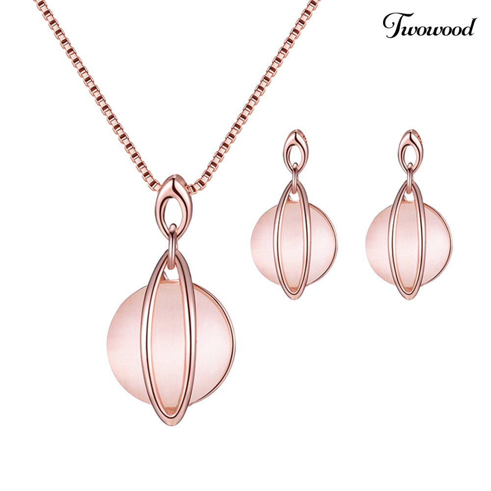 Twowood Fashion Wanita Bulat Permata Imitasi Liontin Kalung Anting Eardrops Perhiasan Set