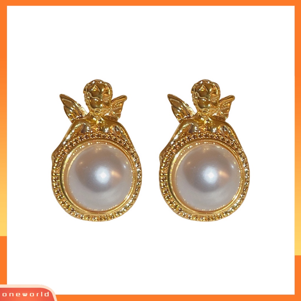 [OWR] 1pasang Ear Studs Golden Angel Elegan Temperamen Geometris Bulat High Gloss Mutiara Imitasi Wanita Anting Perhiasan Aksesoris