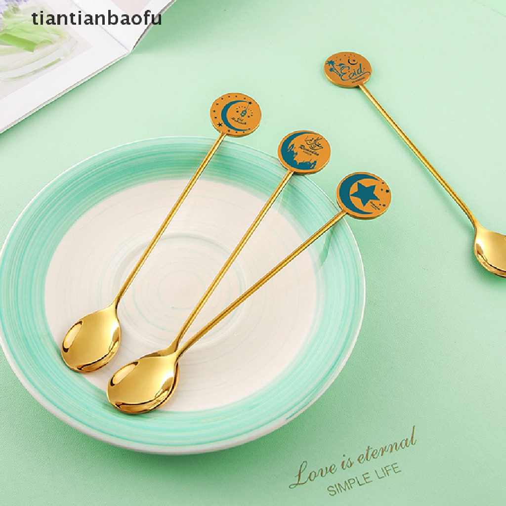 [tiantianbaofu] New Gold Eid Mubarak Star Moon Pendant Spoon Stainless Steel Peralatan Makan Islam Liburan Muslim Rumah Pesta Peralatan Makan Dekorasi Butik