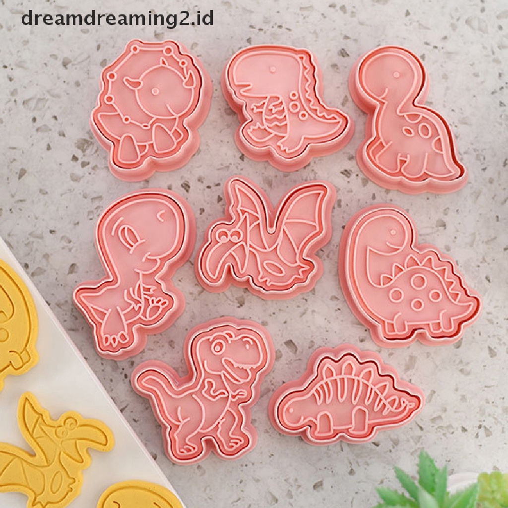 (hot) 8pcs/set Kartun Dinosaurus Cookie Pemotong 3D Plastik Pressable Biskuit Cetakan Cookie Stamp Dapur Baking Pastry Bakeware Alat Perlengkapan Baking DIY//