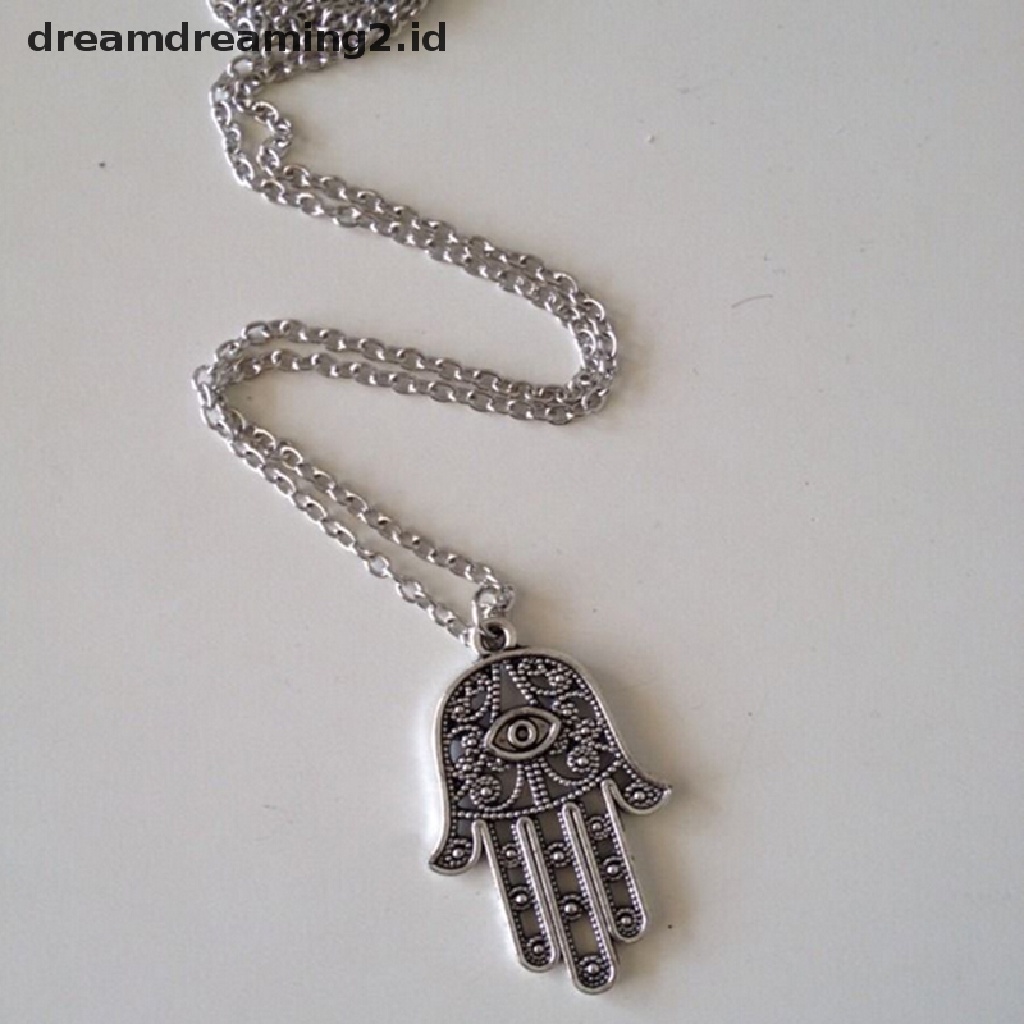(hot) Perlindungan Keberuntungan Hamsa Simbol Fatima Tangan Evil Eye Pendant Chain Necklace//