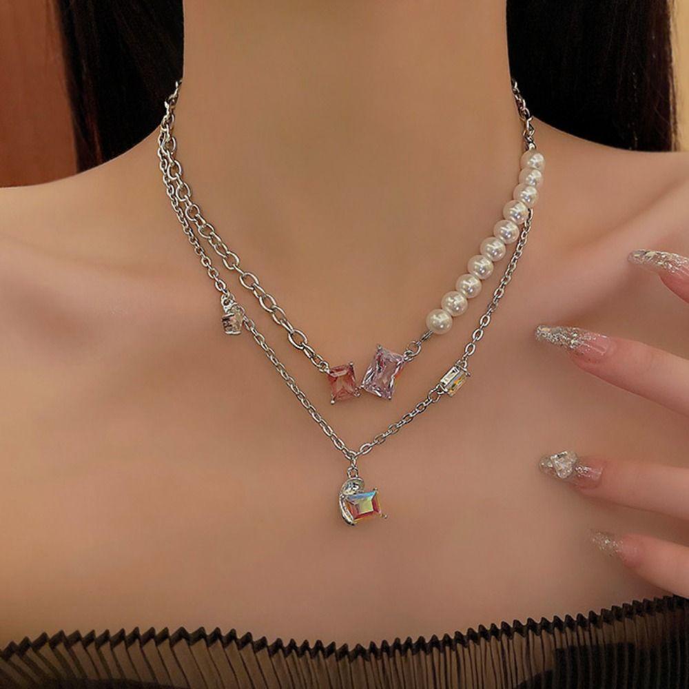 Needway Wanita Kalung Trendi Pesta Mutiara Warna-Warni Kristal Mengkilap Gaya Korea Necklace