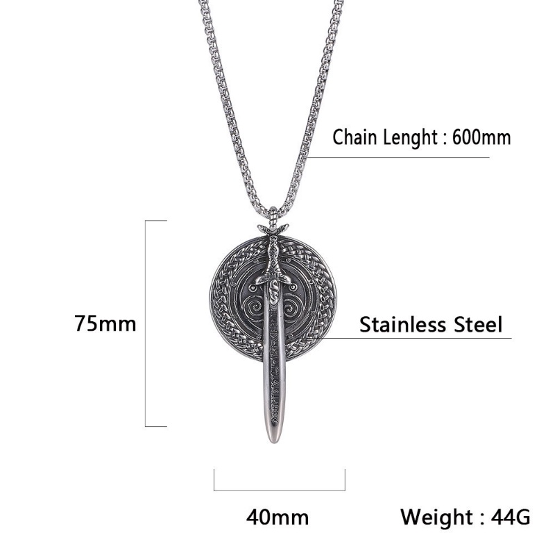 [X C Kalung] Perak Baru Vintage Viking Warrior Pedang Perisai Baja Titanium Liontin Punk Hip Hop Stainless Steel Kalung Hadiah Pesta Ulang Tahun Untuk Pria Dan Wanita